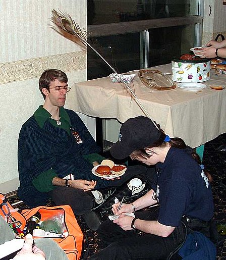Yes, I'm one of those rare EMTs with a sense of humor. This is while treating a hypoglycemic at a sci fi convention on volunteer work. This man was ok. Gluc paste and sloppy joes are wonderful meds. This event had a faint, a nonbreathing convulsion, and a passed out on the back drunk vomiter who needed a door bashed down first before we could save him. All lived. So did the door.